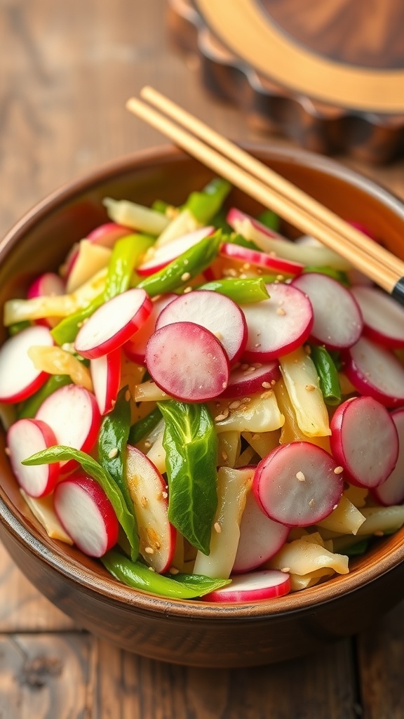 Cabbage and Radish Stir-Fry Recipe A colorful stir-fry of cabbage and radish garnished with sesame seeds in a rustic bowl on a wooden table.